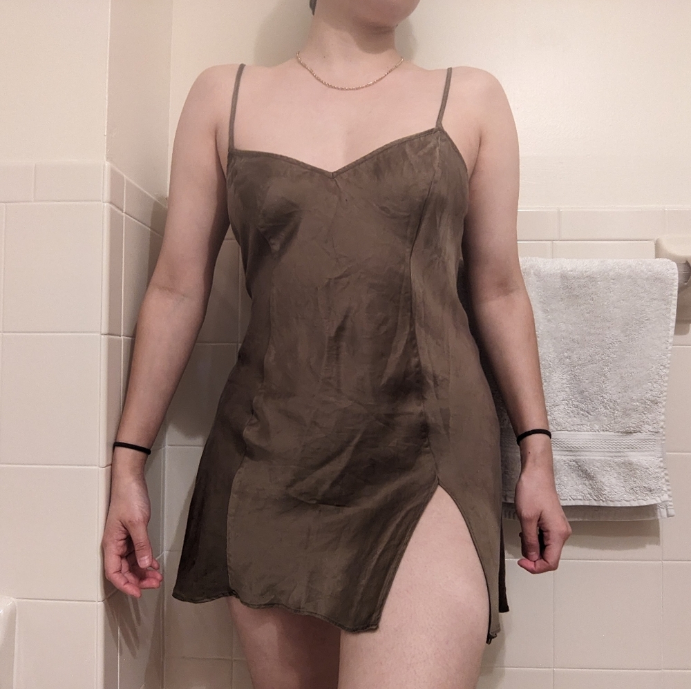 Khaki Green Victoria's Secret silk slip dress with leg slit
